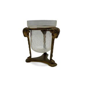 Crackle Glass Bowl With Brass Ram Head Stand Vintage